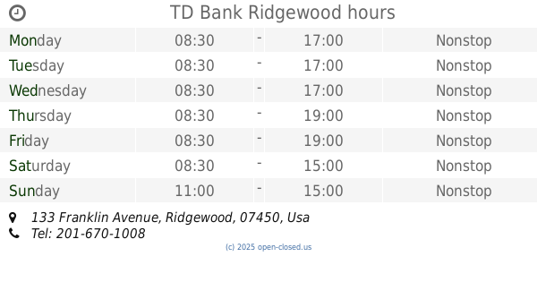 TD Bank Ridgewood Hours 2019 Update 