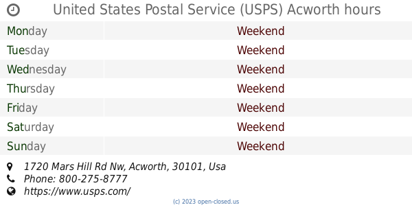 United States Postal Service USPS Acworth hours 1720 Mars Hill